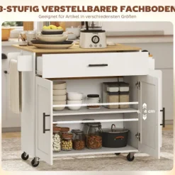 HOMCOM Kücheninsel Küchenwagen auf Rollen mit abklappbarer Arbeitsplatte, Küchenschrank mit Schublade Gewürzregal Ablage Handtuchhalter, Servierwagen Rollwagen für Küche und Esszimmer 120x68x85cm Weiß