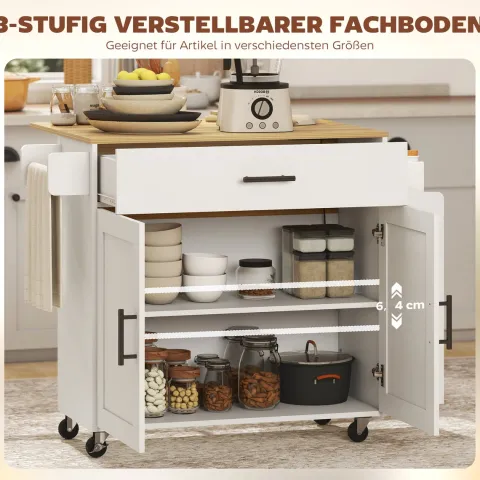 HOMCOM Kücheninsel Küchenwagen auf Rollen mit abklappbarer Arbeitsplatte, Küchenschrank mit Schublade Gewürzregal Ablage Handtuchhalter, Servierwagen Rollwagen für Küche und Esszimmer 120x68x85cm Weiß