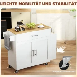 HOMCOM Kücheninsel Küchenwagen auf Rollen mit abklappbarer Arbeitsplatte, Küchenschrank mit Schublade Gewürzregal Ablage Handtuchhalter, Servierwagen Rollwagen für Küche und Esszimmer 120x68x85cm Weiß