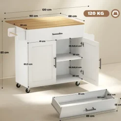 HOMCOM Kücheninsel Küchenwagen auf Rollen mit abklappbarer Arbeitsplatte, Küchenschrank mit Schublade Gewürzregal Ablage Handtuchhalter, Servierwagen Rollwagen für Küche und Esszimmer 120x68x85cm Weiß