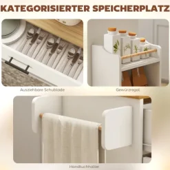 HOMCOM Kücheninsel Küchenwagen auf Rollen mit abklappbarer Arbeitsplatte, Küchenschrank mit Schublade Gewürzregal Ablage Handtuchhalter, Servierwagen Rollwagen für Küche und Esszimmer 120x68x85cm Weiß