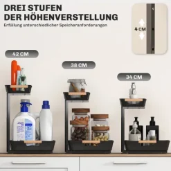 HOMCOM Küchenregal Höhenverstellbar Küchen-Organizer mit 2 ausziehbare Körbe, Standregal aus Metall, Gewürzregal, 40 x 30 x 33,5-42 cm Schwarz