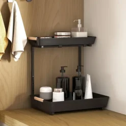 HOMCOM Küchenregal Höhenverstellbar Küchen-Organizer mit 2 ausziehbare Körbe, Standregal aus Metall, Gewürzregal, 40 x 30 x 33,5-42 cm Schwarz