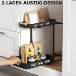 HOMCOM Küchenregal Höhenverstellbar Küchen-Organizer mit 2 ausziehbare Körbe, Standregal aus Metall, Gewürzregal, 40 x 30 x 33,5-42 cm Schwarz