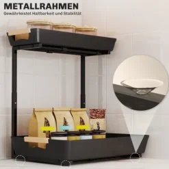 HOMCOM Küchenregal Höhenverstellbar Küchen-Organizer mit 2 ausziehbare Körbe, Standregal aus Metall, Gewürzregal, 40 x 30 x 33,5-42 cm Schwarz