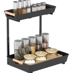 HOMCOM Küchenregal Höhenverstellbar Küchen-Organizer mit 2 ausziehbare Körbe, Standregal aus Metall, Gewürzregal, 40 x 30 x 33,5-42 cm Schwarz