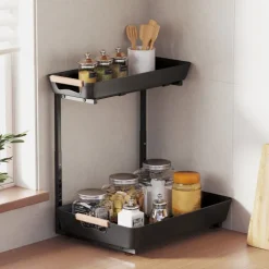 HOMCOM Küchenregal Höhenverstellbar Küchen-Organizer mit 2 ausziehbare Körbe, Standregal aus Metall, Gewürzregal, 40 x 30 x 33,5-42 cm Schwarz
