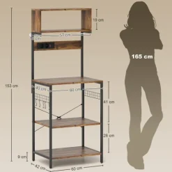 HOMCOM Küchenregal, Standregal mit 5 S-Haken, 5 Ablagen, Steckdose, Kaffeebar mit X-Streben, Bäckerregal aus Stahl für Küche Esszimmer, Rustikal-Braun, 60 x 42 x 153 cm
