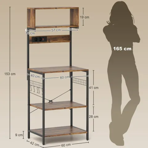 HOMCOM Küchenregal, Standregal mit 5 S-Haken, 5 Ablagen, Steckdose, Kaffeebar mit X-Streben, Bäckerregal aus Stahl für Küche Esszimmer, Rustikal-Braun, 60 x 42 x 153 cm