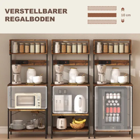 HOMCOM Küchenregal, Standregal mit 5 S-Haken, 5 Ablagen, Steckdose, Kaffeebar mit X-Streben, Bäckerregal aus Stahl für Küche Esszimmer, Rustikal-Braun, 60 x 42 x 153 cm