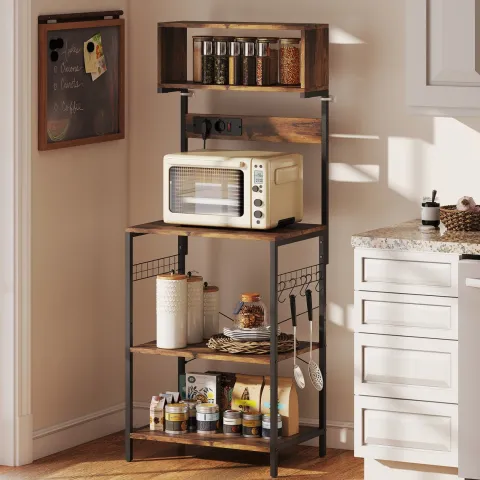HOMCOM Küchenregal, Standregal mit 5 S-Haken, 5 Ablagen, Steckdose, Kaffeebar mit X-Streben, Bäckerregal aus Stahl für Küche Esszimmer, Rustikal-Braun, 60 x 42 x 153 cm