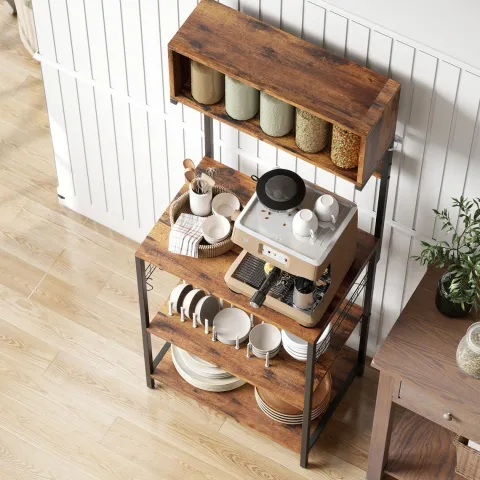 HOMCOM Küchenregal, Standregal mit 5 S-Haken, 5 Ablagen, Steckdose, Kaffeebar mit X-Streben, Bäckerregal aus Stahl für Küche Esszimmer, Rustikal-Braun, 60 x 42 x 153 cm