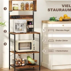 HOMCOM Küchenregal, Standregal mit 5 S-Haken, 5 Ablagen, Steckdose, Kaffeebar mit X-Streben, Bäckerregal aus Stahl für Küche Esszimmer, Rustikal-Braun, 60 x 42 x 153 cm