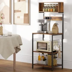 HOMCOM Küchenregal, Standregal mit 5 S-Haken, 5 Ablagen, Steckdose, Kaffeebar mit X-Streben, Bäckerregal aus Stahl für Küche Esszimmer, Rustikal-Braun, 60 x 42 x 153 cm