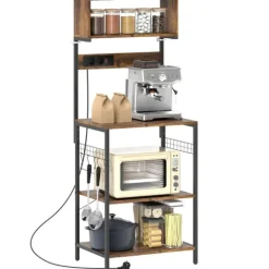 HOMCOM Küchenregal, Standregal mit 5 S-Haken, 5 Ablagen, Steckdose, Kaffeebar mit X-Streben, Bäckerregal aus Stahl für Küche Esszimmer, Rustikal-Braun, 60 x 42 x 153 cm