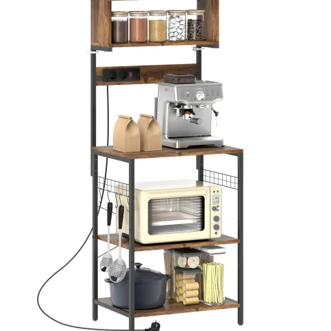 HOMCOM Küchenregal, Standregal mit 5 S-Haken, 5 Ablagen, Steckdose, Kaffeebar mit X-Streben, Bäckerregal aus Stahl für Küche Esszimmer, Rustikal-Braun, 60 x 42 x 153 cm