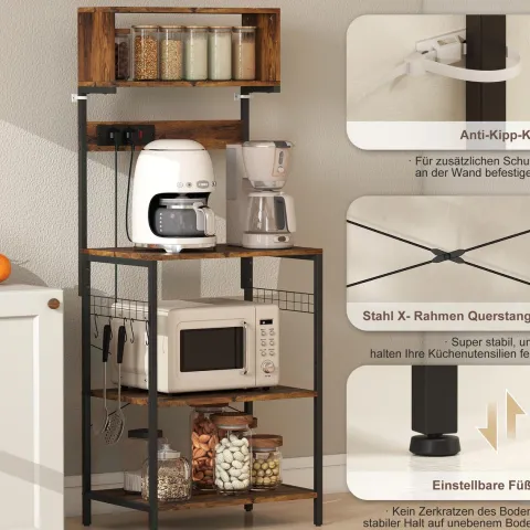 HOMCOM Küchenregal, Standregal mit 5 S-Haken, 5 Ablagen, Steckdose, Kaffeebar mit X-Streben, Bäckerregal aus Stahl für Küche Esszimmer, Rustikal-Braun, 60 x 42 x 153 cm