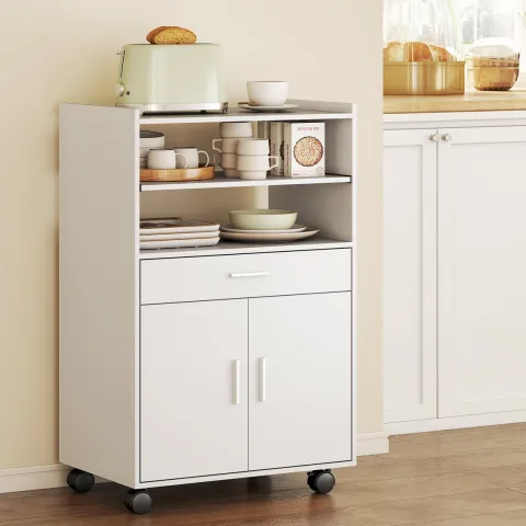 HOMCOM Küchenschrank Sideboard mit Rollen, Mikrowellenregal Mikrowellenschrank mit 2 Türen ausziehbarem Regal Schublade, Aufbewahrungsschrank für Küche, Esszimmer, Weiß