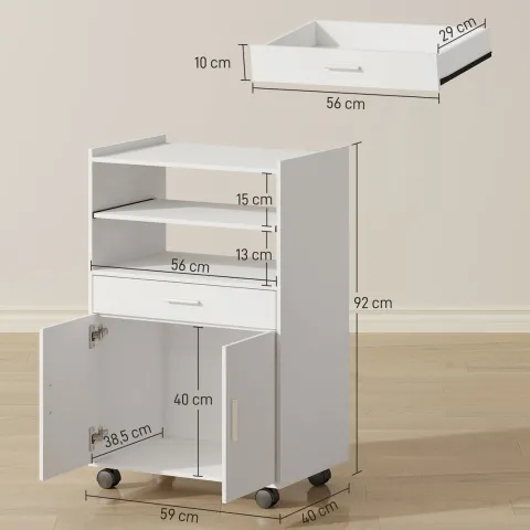 HOMCOM Küchenschrank Sideboard mit Rollen, Mikrowellenregal Mikrowellenschrank mit 2 Türen ausziehbarem Regal Schublade, Aufbewahrungsschrank für Küche, Esszimmer, Weiß