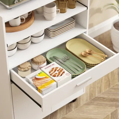 HOMCOM Küchenschrank Sideboard mit Rollen, Mikrowellenregal Mikrowellenschrank mit 2 Türen ausziehbarem Regal Schublade, Aufbewahrungsschrank für Küche, Esszimmer, Weiß
