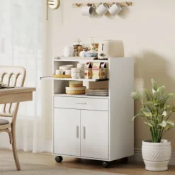 HOMCOM Küchenschrank Sideboard mit Rollen, Mikrowellenregal Mikrowellenschrank mit 2 Türen ausziehbarem Regal Schublade, Aufbewahrungsschrank für Küche, Esszimmer, Weiß