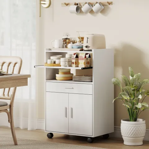 HOMCOM Küchenschrank Sideboard mit Rollen, Mikrowellenregal Mikrowellenschrank mit 2 Türen ausziehbarem Regal Schublade, Aufbewahrungsschrank für Küche, Esszimmer, Weiß