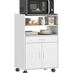 HOMCOM Küchenschrank Sideboard mit Rollen, Mikrowellenregal Mikrowellenschrank mit 2 Türen ausziehbarem Regal Schublade, Aufbewahrungsschrank für Küche, Esszimmer, Weiß