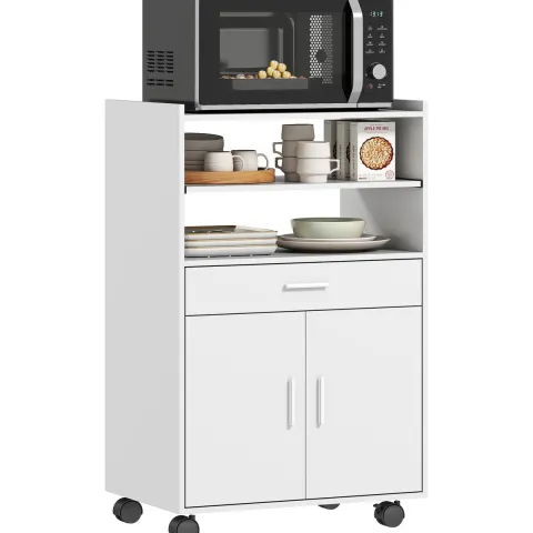HOMCOM Küchenschrank Sideboard mit Rollen, Mikrowellenregal Mikrowellenschrank mit 2 Türen ausziehbarem Regal Schublade, Aufbewahrungsschrank für Küche, Esszimmer, Weiß