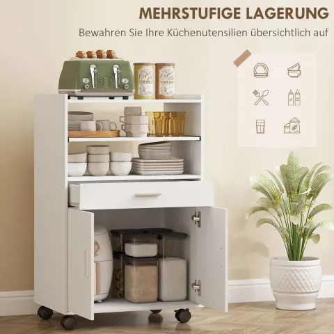 HOMCOM Küchenschrank Sideboard mit Rollen, Mikrowellenregal Mikrowellenschrank mit 2 Türen ausziehbarem Regal Schublade, Aufbewahrungsschrank für Küche, Esszimmer, Weiß