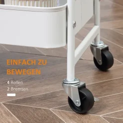 HOMCOM Küchenwagen Metallrollwagen 3-Etagen Metall mit großem Stauraum und Deckel für Küchen und Büro Aufbewahrungswagen Servierwagen Küchenregal mit Rollen Stahl Weiß 45 x 31 x 79,4 cm