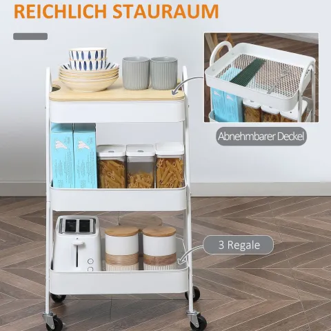 HOMCOM Küchenwagen Metallrollwagen 3-Etagen Metall mit großem Stauraum und Deckel für Küchen und Büro Aufbewahrungswagen Servierwagen Küchenregal mit Rollen Stahl Weiß 45 x 31 x 79,4 cm
