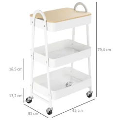 HOMCOM Küchenwagen Metallrollwagen 3-Etagen Metall mit großem Stauraum und Deckel für Küchen und Büro Aufbewahrungswagen Servierwagen Küchenregal mit Rollen Stahl Weiß 45 x 31 x 79,4 cm