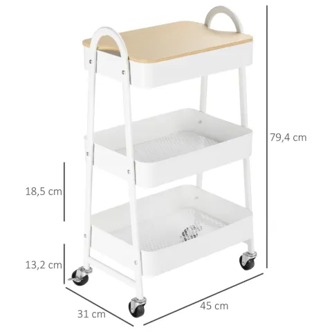 HOMCOM Küchenwagen Metallrollwagen 3-Etagen Metall mit großem Stauraum und Deckel für Küchen und Büro Aufbewahrungswagen Servierwagen Küchenregal mit Rollen Stahl Weiß 45 x 31 x 79,4 cm