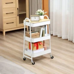 HOMCOM Küchenwagen Metallrollwagen 3-Etagen Metall mit großem Stauraum und Deckel für Küchen und Büro Aufbewahrungswagen Servierwagen Küchenregal mit Rollen Stahl Weiß 45 x 31 x 79,4 cm