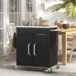 HOMCOM Küchenwagen mit Rollen, Servierwagen, Küchentrolley mit Schrank, Haken und Edelstahlgriffe, Rollwagen, Küchenhilfe, Schwarz, 86 x 50 x 86,5 cm