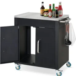 HOMCOM Küchenwagen mit Rollen, Servierwagen, Küchentrolley mit Schrank, Haken und Edelstahlgriffe, Rollwagen, Küchenhilfe, Schwarz, 86 x 50 x 86,5 cm