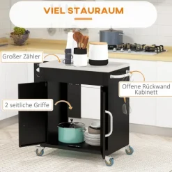 HOMCOM Küchenwagen mit Rollen, Servierwagen, Küchentrolley mit Schrank, Haken und Edelstahlgriffe, Rollwagen, Küchenhilfe, Schwarz, 86 x 50 x 86,5 cm