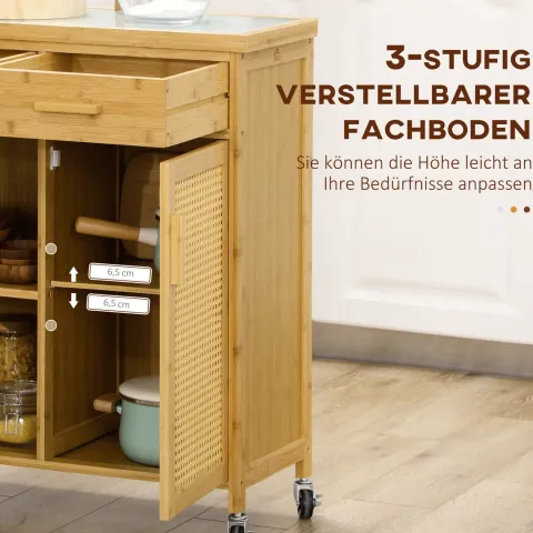 HOMCOM Küchenwagen mit Schublade, Schrank, offenem Ebenen, Servierwagen, Aufbewahrungswagen mit Handtuchhalter, Glastischplatte, Bambus, Natur, 84 x 36 x 85 cm