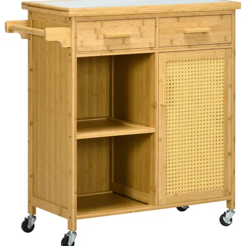 HOMCOM Küchenwagen mit Schublade, Schrank, offenem Ebenen, Servierwagen, Aufbewahrungswagen mit Handtuchhalter, Glastischplatte, Bambus, Natur, 84 x 36 x 85 cm