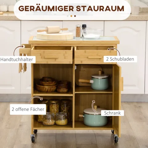 HOMCOM Küchenwagen mit Schublade, Schrank, offenem Ebenen, Servierwagen, Aufbewahrungswagen mit Handtuchhalter, Glastischplatte, Bambus, Natur, 84 x 36 x 85 cm
