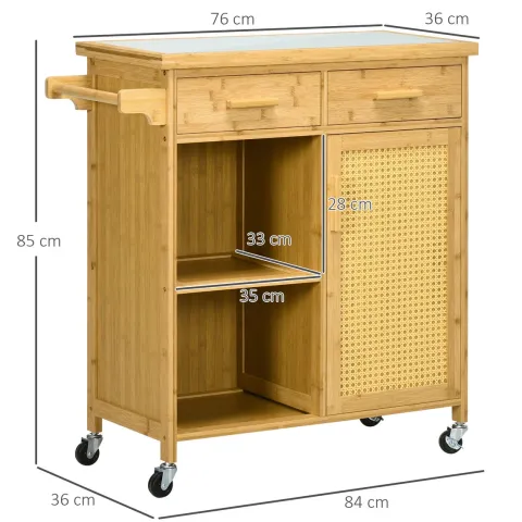 HOMCOM Küchenwagen mit Schublade, Schrank, offenem Ebenen, Servierwagen, Aufbewahrungswagen mit Handtuchhalter, Glastischplatte, Bambus, Natur, 84 x 36 x 85 cm