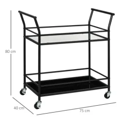 HOMCOM Küchenwagen, Rollwagen, Servierwagen mit 2 Ablagen, Trolley, Beistellwagen auf Rollen, Aufbewahrungswagen für Küche, Metall, Schwarz, 75 x 40 x 80 cm