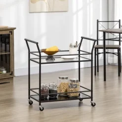 HOMCOM Küchenwagen, Rollwagen, Servierwagen mit 2 Ablagen, Trolley, Beistellwagen auf Rollen, Aufbewahrungswagen für Küche, Metall, Schwarz, 75 x 40 x 80 cm