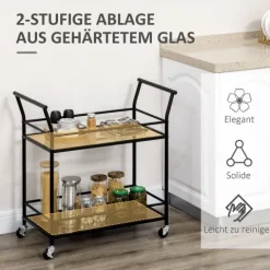 HOMCOM Küchenwagen, Rollwagen, Servierwagen mit 2 Ablagen, Trolley, Beistellwagen auf Rollen, Aufbewahrungswagen für Küche, Metall, Schwarz, 75 x 40 x 80 cm