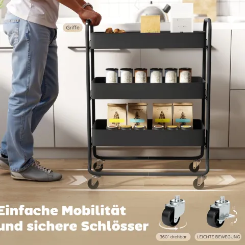 HOMCOM Küchenwagen Rollwagen mit 3 Ebenen Servierwagen mit Körbe Griff, Küchenregal auf Rollen, Aufbewahrungswagen Küchenrollwagen für Küche Bad Büro Wohnzimmer Schwarz