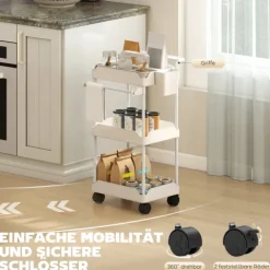 HOMCOM Küchenwagen Rollwagen mit 3 Ebenen Servierwagen mit hängenden Körben, Tuchhalter, Küchenregal auf Rollen, Aufbewahrungswagen Küchenrollwagen Allzweckwagen für Wohnzimmer Küche Bad Büro Weiß