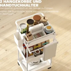 HOMCOM Küchenwagen Rollwagen mit 3 Ebenen Servierwagen mit hängenden Körben, Tuchhalter, Küchenregal auf Rollen, Aufbewahrungswagen Küchenrollwagen Allzweckwagen für Wohnzimmer Küche Bad Büro Weiß