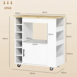 HOMCOM Küchenwagen Servierwagen mit Arbeitsplatte aus Holz, Ablagen, Weinregalen, Küchenschrank Rollwagen mit Soft-Close-Scharnieren, Griff, Kücheninsel, 83x40x83cm, Eiche