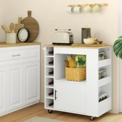 HOMCOM Küchenwagen Servierwagen mit Arbeitsplatte aus Holz, Ablagen, Weinregalen, Küchenschrank Rollwagen mit Soft-Close-Scharnieren, Griff, Kücheninsel, 83x40x83cm, Eiche