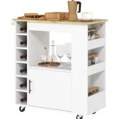 HOMCOM Küchenwagen Servierwagen mit Arbeitsplatte aus Holz, Ablagen, Weinregalen, Küchenschrank Rollwagen mit Soft-Close-Scharnieren, Griff, Kücheninsel, 83x40x83cm, Eiche